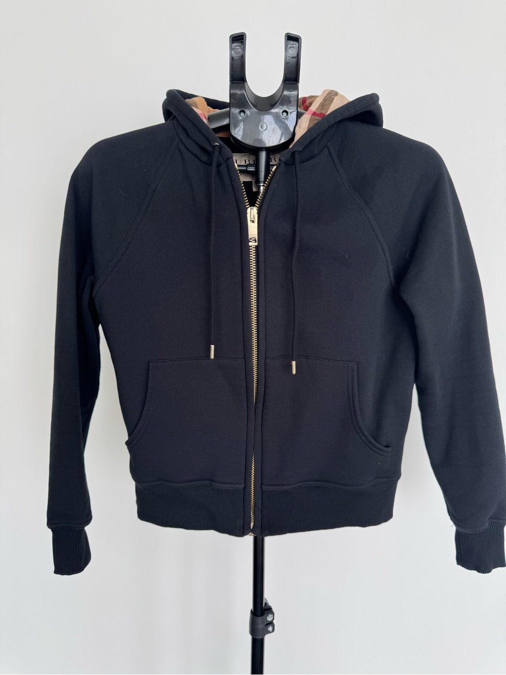 Burberry Black Hooded Zip Jacket with Signature Check Hood